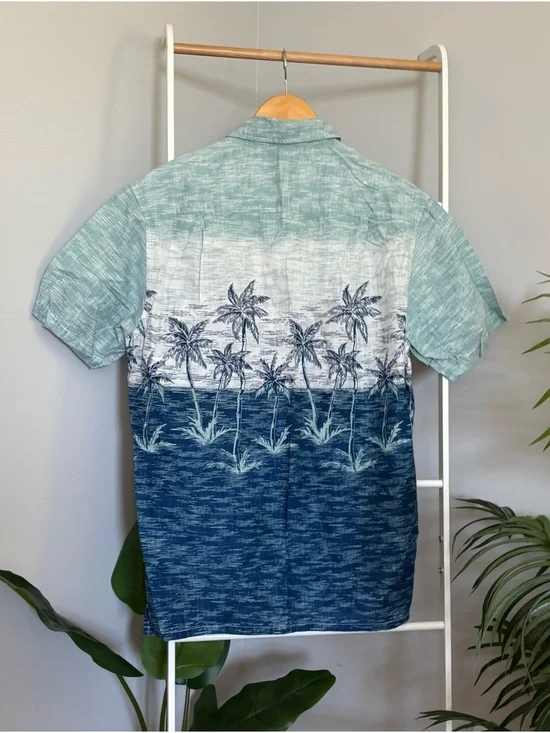 RedHead Men's Short-Sleeve Palm Print Button-Down Shirt - Teal/Blue - Picture 6 of 11